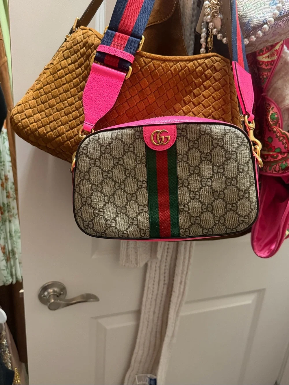 Authentic Gucci Beige GG Small Ophidia Crossbody with Pink Trim